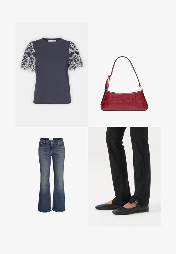 VILA VIABI - T-Shirt print - navy blazer/white; Blaue, verwaschene Schlagjeans mit Vorderknopf, fünf Taschen und sichtbarem Markenschild am Bund.; Beine in schwarzen schmalen Hosen mit vorderen Schlitzen am Saum, kombiniert mit schwarzen flachen Mary-Jane-Schuhen mit kleinem Schnallenriemen.; Kleine rote Handtasche mit Krokodilstruktur und einem einzelnen Riemen mit goldener Schnalle auf weißem Hintergrund.