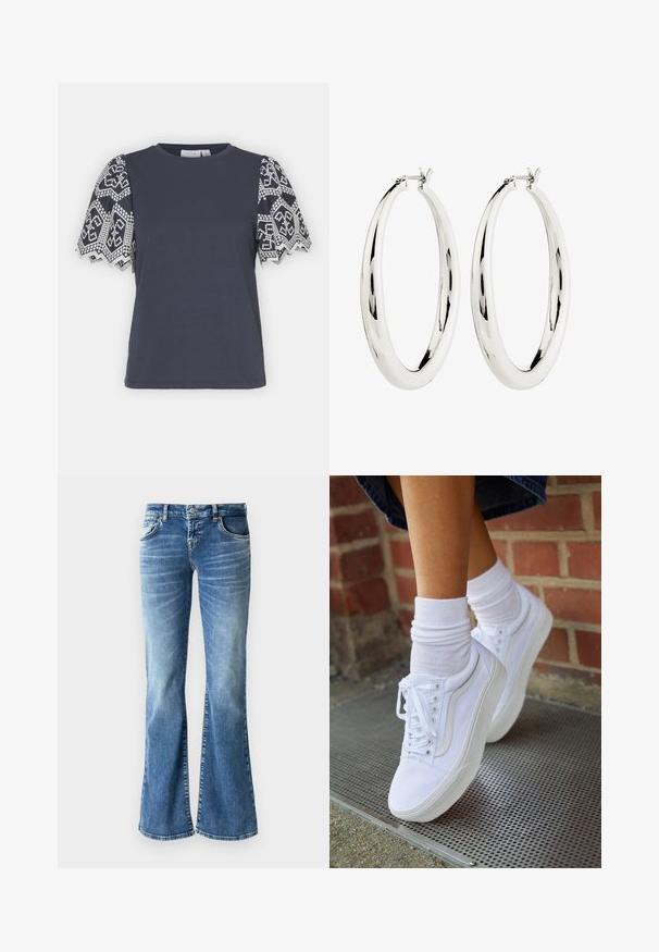 VILA VIABI - T-shirt print - navy blazer/white; Lichtblauwe denim flared jeans met een vervaagde wassing, vijf zakken, gestikte details en een rits met knopsluiting.; Witte canvas sneakers met rubberen zolen, voorzien van zes vetertjes, een ronde neus en lichte stikdetails, gecombineerd met witte enkelsokken.; Zilveren creool oorbellen met een gladde, reflecterende oppervlak. Ronde, grote vorm met een veilige sluiting aan de bovenkant. Gepolijste afwerking toont de glans.