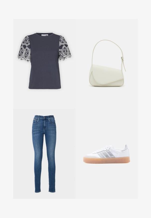 VILA VIABI - Trükipildiga T-särk - navy blazer/white; Lihtsad sinised teksad, valmistatud denimpurust. Omavad kõrget talje, viit taskut ja metallist nupuvärvust. Ühtlane värv koos kerge fade efektiga.; Valge madala lõikega toss, kummist tallaga, hõbedaste triipudega külgedel ja paeltega kinnitatav, esitatud tavalise hele tausta ees.; Valge kunstnahast käekott, millel on struktureeritud kolmnurkne kuju, üks reguleeritav rihm ja kõverjooneline klapp.