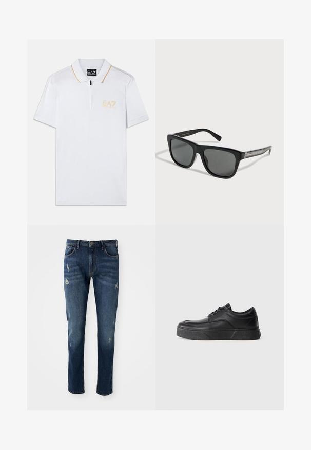 Hvid polo skjorte med lynlås krave, korte ærmer og orange kontrastsyning. Har broderet EA7 logo i gul på venstre bryst.; Mørkeblå denimjeans med slim fit, let slid på lår og knæ, klassisk fem-lomme design og knaplukning.; Sorte læder snøresneakers med tyk struktureret sål, afrundet tå og lav ankelhøjde på en ensfarvet hvid baggrund.; Sorte rektangulære solbriller med mørke linser og mønstrede sølvarme placeret på en hvid overflade.