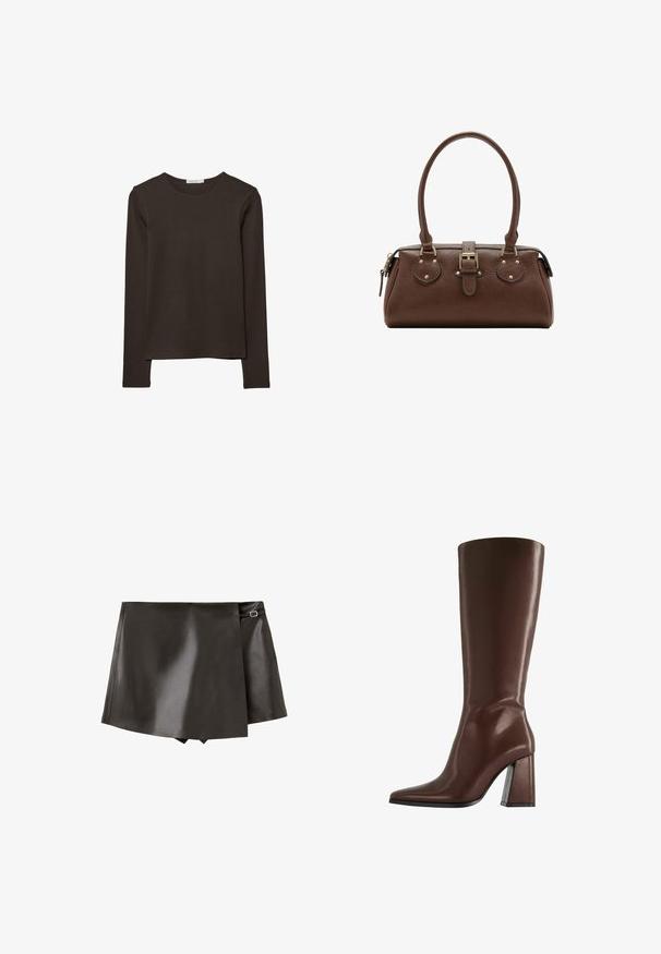 Haut à manches longues de couleur marron foncé en tissu doux. Il présente un col arrondi et un ourlet droit, sans motifs ni accents visibles.; Jupe portefeuille noire en cuir synthétique avec détail de boucle latérale et léger chevauchement à l'avant, présentée sur fond blanc.; Botte en cuir marron montant jusqu'au genou, avec bout pointu et talon épais de hauteur moyenne, vue de profil sur fond blanc.; Sac à main en cuir marron avec deux poignées, une sangle centrale à boucle et des ferrures dorées, présenté sur fond blanc.