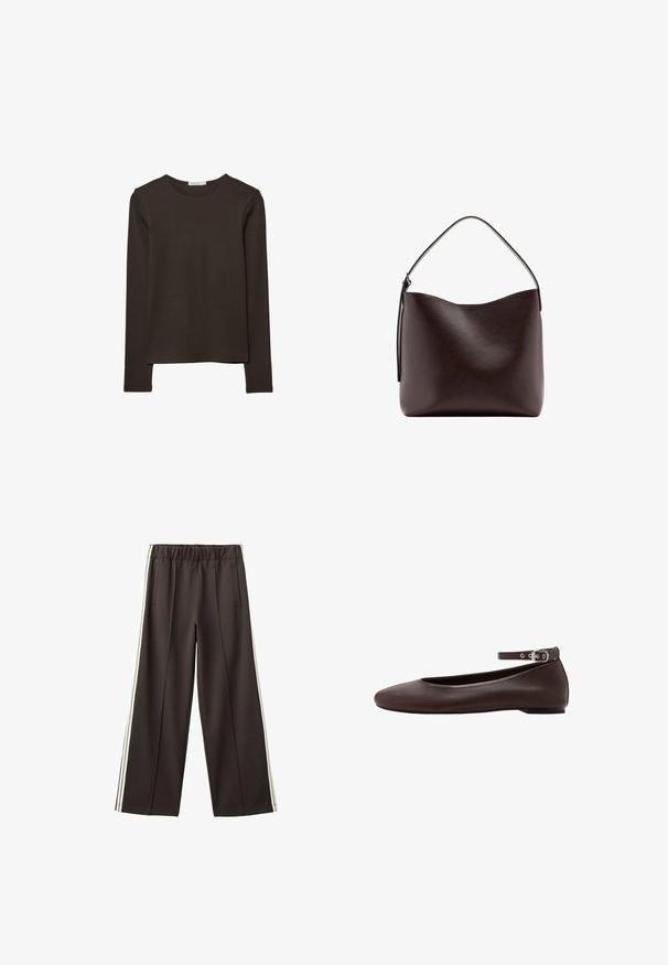 Haut à manches longues de couleur marron foncé en tissu doux. Il présente un col arrondi et un ourlet droit, sans motifs ni accents visibles.; Pantalon noir à jambes larges avec taille élastique, poches latérales et bandes blanches sur les côtés. Tissu lisse avec une coupe ajustée.; Chaussure plate marron foncé avec bout arrondi et bride de cheville réglable avec boucle argentée sur fond blanc.; Sac à main en cuir brun foncé avec une seule poignée supérieure incurvée et une surface lisse et dépourvue d'ornements sur fond blanc.