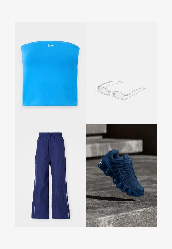 Φωτεινό μπλε strapless tube top της Nike με λευκό λογότυπο Swoosh στο κέντρο κοντά στο πάνω άκρο.; Ναυτικό μπλε, ελαφριά, παντελόνια με φαρδιά πόδια, διαθέτουν ελαστική μέση και κορδόνι, με λευκές πλαϊνές ρίγες και τσαλακωμένη υφή.; Σκούρο μπλε παπούτσι για τρέξιμο Nike με υφασμένο άνω μέρος και χωρισμένη σόλα αιωρούμενο πάνω από σκάλες από σκυρόδεμα σε εξωτερικό χώρο.; Οβάλ γυαλιά με μεταλλικό ασημί σκελετό, διαφανείς φακούς και ανάγλυφες περλίτσες στις βραχίονες. Ελαφριά σχεδίαση με καμπύλα άκρα.