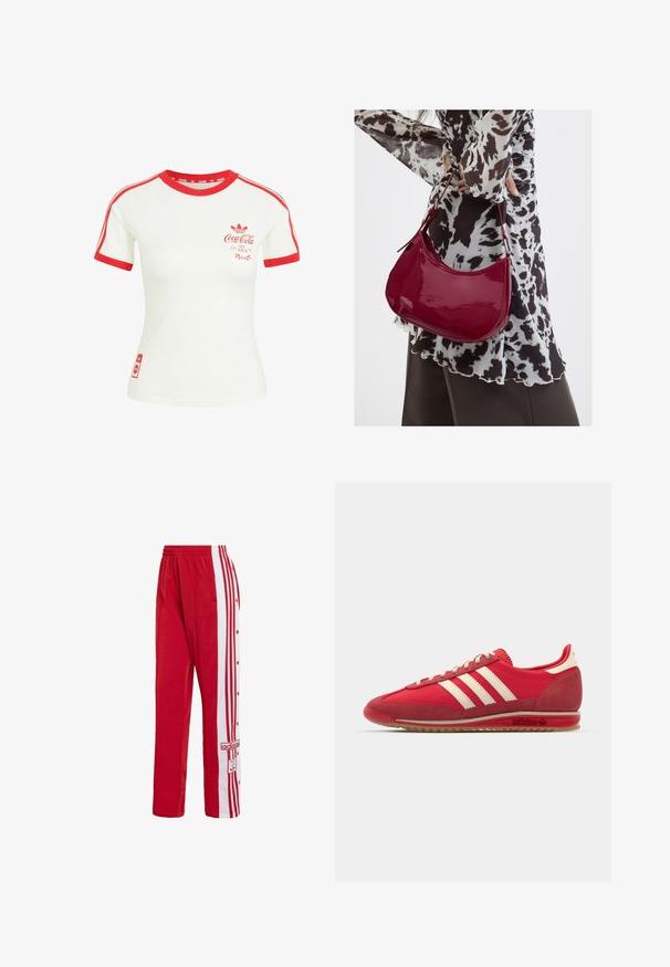 Camiseta blanca de manga corta con cuello rojo, ribete en las mangas, rayas y logo de Coca-Cola en el pecho y la parte inferior.; Pantalones deportivos rojos hechos de una tela suave, con franjas laterales blancas con botones a presión y un logotipo bordado en el frente.; Zapatilla deportiva roja con parte superior texturizada, tres rayas blancas, puntera redonda y suela de goma con detalles del logo en el costado.; Mujer con blusa de estampado en blanco y negro sosteniendo un bolso de hombro rojo brillante sobre un fondo liso.