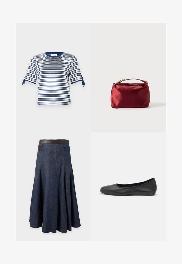T-shirt court à manches courtes rayé bleu marine et blanc. Doté de liens décoratifs sur les manches et d'un col rond. Matière coton douce.; Jupe en denim bleu foncé avec panneaux évasés, ceinture marron contrastante, poches avant et détails de couture visibles.; Ballerines en cuir noir avec un bout rond, texture lisse, détails de couture minimalistes et design de semelle flexible.; Trousse de maquillage en satin bourgogne de forme rectangulaire, avec fermeture éclair et une poignée courte. Présente un design minimaliste et une texture lisse.
