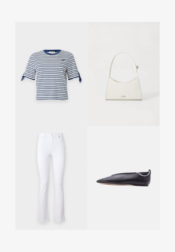 Camiseta de manga corta y corte corto con rayas en azul marino y blanco. Presenta detalles de lazos en las mangas y un escote redondo. Material de algodón suave.; Jeans flare de denim blanco con cintura alta, cuatro bolsillos y cierre de botón frontal. Presenta una textura suave y dobladillos limpios.; Zapato plano de cuero negro con punta, tacón bajo y detalle de cadena plateada en la parte trasera sobre un fondo liso.; Bolso de cuero blanco de hombro con parte superior curvada, pequeño clip tipo garra en la correa y logotipo en plata "Marc Jacobs" en el centro frontal.