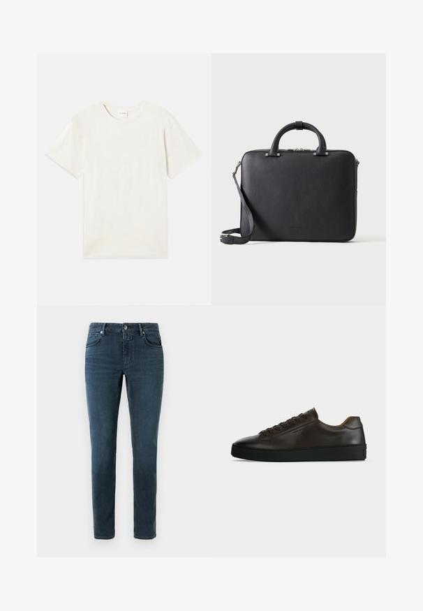 T-shirt à manches courtes, col rond en beige clair, texture en coton doux avec une coupe décontractée et sans motifs ni accents visibles.; Jeans bleu foncé à coupe slim, design à cinq poches et fermeture à bouton. Fabriqués en denim avec une texture lisse et un léger délavage.; Baskets basses en cuir marron foncé avec semelle en caoutchouc noire, lacets à l'avant et design minimaliste épuré sur fond clair.; Mallette en cuir noir texturé avec double poignée, bandoulière amovible et fermeture éclair supérieure sur un fond clair uni.