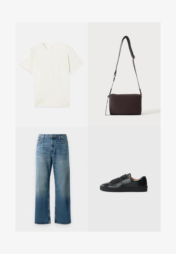 T-shirt à manches courtes, col rond en beige clair, texture en coton doux avec une coupe décontractée et sans motifs ni accents visibles.; Jeans oversize bleu clair avec un délavage, featuring une fermeture à un bouton, cinq poches et des coutures contrastées.; Baskets en cuir noir avec une texture lisse, bout rond et fermeture à lacets. Comprend une semelle en caoutchouc épaisse et un minimum de détails de marque.; Sac bandoulière en cuir marron foncé texturé avec une sangle réglable et un petit accent décoratif bleu sur le côté.