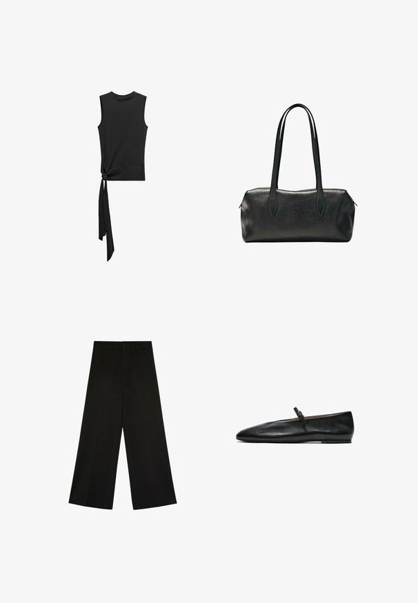 Mango Top - black; Zwarte wijde broek met knoop- en ritsluiting, riemlussen en voorplooi-details, plat liggend op een witte achtergrond.; Zwarte platte leren Mary Jane schoen met een dunne band en gesp over de wreef, zijaanzicht op een witte achtergrond.; Zwarte rechthoekige leren handtas met twee lange schouderbanden en een ritssluiting aan de bovenzijde.