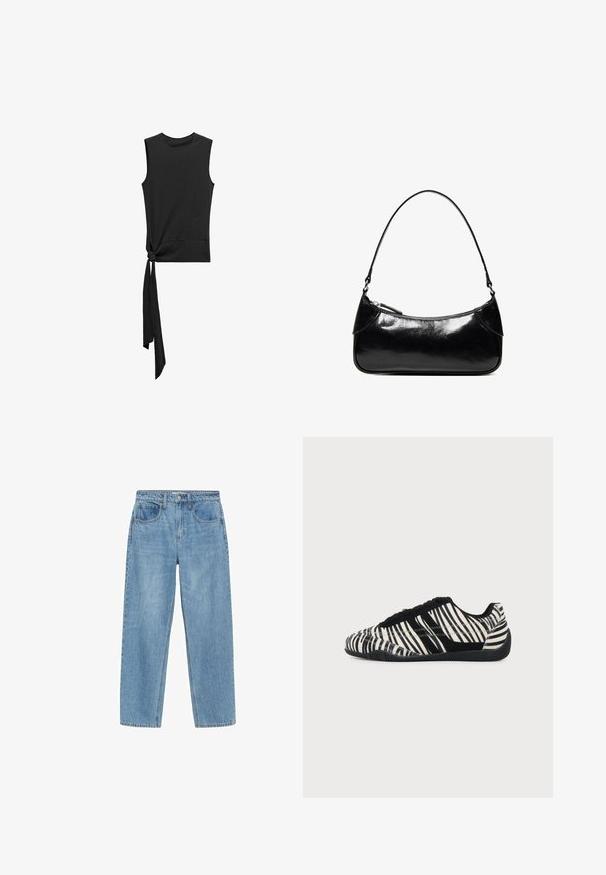 Mango Top - black; Svetlo modré džínsy s rovnými nohavicami, vysokým pásom, dvoma prednými vreckami a klasickým gombíkovým zapínaním. Jemné vyblednutie a žiadne ozdoby.; Čierno-biela členková obuv so šnurovaním, vzor zebrových prúžkov a textúrovanou čiernou podrážkou na jednoliatom svetlom pozadí.; Čierna lesklá kožená kabelka na rameno s jedným zapínateľným priehradkom na zips a tenkým remienkom zakriveným do oblúkového tvaru.