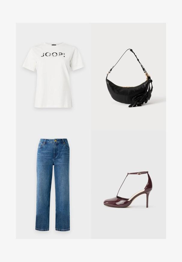 Wit katoenen T-shirt met een zwarte grafische print van het woord "JOOP!" aan de voorkant. Ronde halslijn en korte mouwen.; Blauwe high-waisted jeans met een rechte-pijpen-snits, gemaakt van denim, met vijf zakken en details in goudkleurige hardware.; Bordeauxrode lakleren hoge hakken met puntige neus, enkelband gesp en T-band detail op een neutrale achtergrond.; Zwarte leren schoudertas in halve maanvorm met verstelbare band, gouden ritssluiting en decoratieve leren bladvormige kwastjes aan één kant.