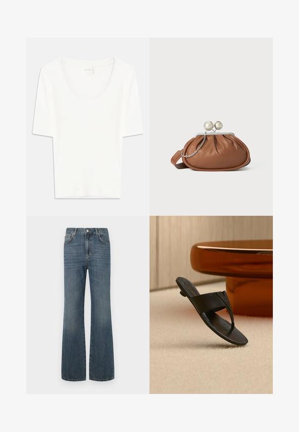 Weißes T-Shirt mit kurzen Ärmeln und rundem Ausschnitt. Hergestellt aus weichem Baumwollstoff, bietet es einen lässigen Schnitt und ein minimalistisches Design.; Dunkelblaue Jeans aus Denim mit hoher Taille, weitem Bein und fünf Taschen. Mit einem Frontknopf und einem Reißverschluss versehen. Glatte Textur.; Schwarze Lederdamensandale mit niedrigem Absatz, die über einem beigen Teppich neben einem runden braunen Tisch in einem minimalistischen Innenraum schwebt.; Braune Leder-Clutch mit silbernem Kugelverschluss und einem kleinen silbernen Kettendetail auf weißem Hintergrund.