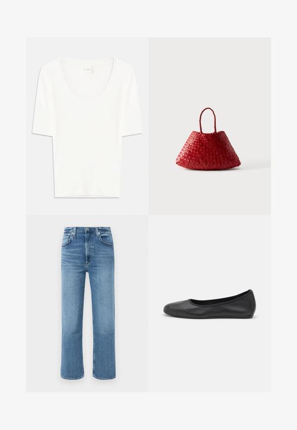 Valge lühikeste varrukatega T-särk ümmarguse kaelusega. Valmistatud pehmest puuvillakangast, omab see vaba lõiget ja minimaalset disaini.; Keskmise sinise värviga, sirgedega denim püksid kõrge vöökohaga, ees nupuga ja viie tasku stiilis, ühetaolisel taustal.; Musthave mustika tantsutossud mustast nahast, ümmarguse varbaga, siledast tekstuurist, minimaalse õmblusdetailiga ja paindliku tallakujundusega.; Punane punutud nahast käekott ümarate kolmnurkse kujuga ja kahe punutud sangaga valgel taustal.