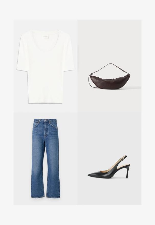 Witte T-shirt met korte mouwen en een ronde hals. Gemaakt van zacht katoen, heeft het een comfortabele pasvorm en een minimalistisch ontwerp.; High-waisted blauwe denim jeans met een rechte pijp, voorzien van vijf zakken en subtiele vervaging. Klassieke knoopsluiting en stiksels als accent.; Zwarte leren slingback-hakken met een spitse neus, verstelbare band en een elegante stiletto-hak, met een gladde afwerking.; Donkerbruine leren schoudertas in halve maan vorm met een gebogen band en zichtbare stiksels op een effen achtergrond.