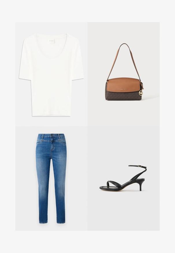 Hvid kortærmet T-shirt med rund halsudskæring. Fremstillet af blødt bomuldsstof, har den en afslappet pasform og minimalistisk design.; Klassiske blå denimjeans med lige ben, designet med en mellem høj talje, forlommer og orange stikninger som detaljer.; Sort damesandal i læder med tynde remme, en tå-loop, ankelspænde og en mellemhøj stiletthæl på en neutral baggrund.; Brun Michael Kors skuldertaske med logo-charm, lysebrun flap og monogrammønster på den nederste halvdel, vist på en hvid baggrund.