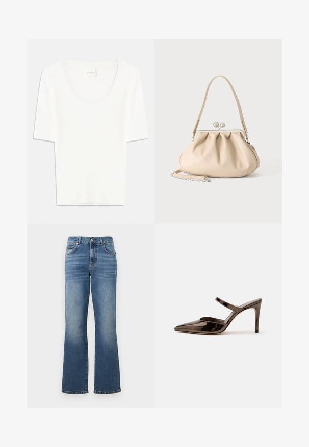 Witte T-shirt met korte mouwen en een ronde hals. Gemaakt van zacht katoen, heeft het een comfortabele pasvorm en een minimalistisch ontwerp.; Blauwe spijkerbroek met rechte pijpen, middelhoge taille, vijf zakken en subtiele vervaging langs de benen.; G glanzende donkerbruine mule met spitsen neus en hoge hak met een smalle band over de wreef op een effen witte achtergrond.; Beige zachte leren handtas met een zilveren metalen frame sluiting, een enkele schouderriem en een optionele kettingriem op een witte achtergrond.