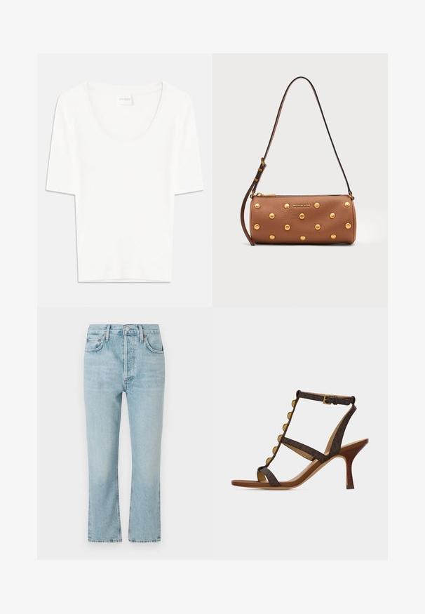 Weißes T-Shirt mit kurzen Ärmeln und rundem Ausschnitt. Hergestellt aus weichem Baumwollstoff, bietet es einen lässigen Schnitt und ein minimalistisches Design.; Helles blaues Denim-Jeans mit geradem Bein, ausgestattet mit fünf Taschen, Knopfverschluss und ausgewaschenem Design. Die Ränder sind sauber gesäumt.; Brauner Ledersandalette mit hohen Absätzen, goldenen Knopfdetails, Knöchelriemen und wooden Stilettabsatz vor weißem Hintergrund.; Braune zylindrische Ledertasche mit goldenen Nieten, verstellbarem Riemen und goldenem Michael Kors-Logo vorne.