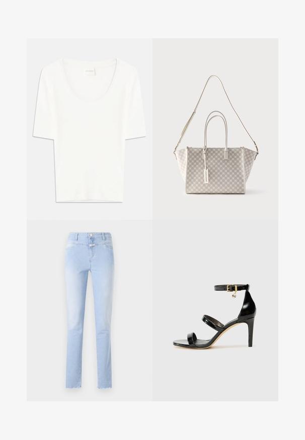 Weißes T-Shirt mit kurzen Ärmeln und rundem Ausschnitt. Hergestellt aus weichem Baumwollstoff, bietet es einen lässigen Schnitt und ein minimalistisches Design.; Hellblaue Jeans aus Denim mit geradem Schnitt, einem verwaschenen Finish, fünf Taschen, leichten Ausfransungen am Saum und einem Knopfverschluss vorne.; Schwarze Lackleder-Sandale mit drei Riemen, Knöchelriemen und 10 cm hohen Stiletto-Absatz. Verfügt über goldfarbene Hardware-Details und ein Logo-Charm.; Weiße Tragetasche mit geometrischem Muster, zwei oberen Griffen, verstellbarem Schulterriemen und rechteckigem Anhänger, der von einem Griff hängt.