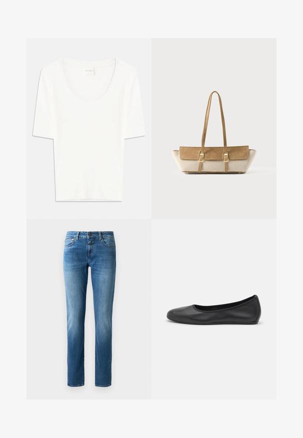 Weißes T-Shirt mit kurzen Ärmeln und rundem Ausschnitt. Hergestellt aus weichem Baumwollstoff, bietet es einen lässigen Schnitt und ein minimalistisches Design.; Blaue Denim-Jeans mit geradem Bein, ausgestattet mit einem Knopfverschluss, fünf Taschen und dezenten Auswaschungen. Glatte Textur mit orangefarbener Naht.; Schwarze Leder-Ballettschuhe mit abgerundeter Spitze, glatter Textur, minimalen Nähdetails und einem flexiblen Sohlen-Design.; Beige und hellbraune rechteckige Schultertasche mit Wildlederklappe, zwei goldenen Schnallen, langen dünnen Trägern und breiten Stoffseiten auf weißem Hintergrund.