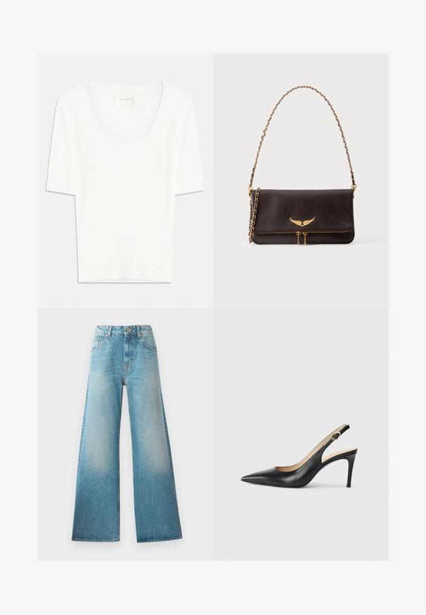 Hvid kortærmet T-shirt med rund halsudskæring. Fremstillet af blødt bomuldsstof, har den en afslappet pasform og minimalistisk design.; Lysblå denim wide-leg jeans med høj talje, fem-lomme design og diskret falmning langs lårerne. Kobberfarvede hardware-detaljer.; Sorte læder slingback højhælede sko med spids tå, justerbar rem og en slank stiletto hæl, der har en glat finish.; Mørkebrunt læder skuldertaske med guldkæde-rem, gyldent vinget emblem på klappen og dobbelt guldlukning nederst foran.