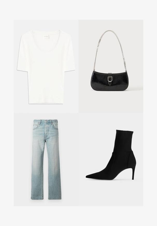 Hvid kortærmet T-shirt med rund halsudskæring. Fremstillet af blødt bomuldsstof, har den en afslappet pasform og minimalistisk design.; Lysblå denim jeans med lige ben, høj talje, frontlommer og falmet struktur. Afsluttet med en subtil syet talje.; Sort ankelstøvle med spids tå og slank høj hæl, vist i profil på en lys baggrund. Elegant, minimalistisk design.; Sort skuldertaske i laklæder med sølv spænde og sølv kæderem, vist mod en ensartet lys baggrund.