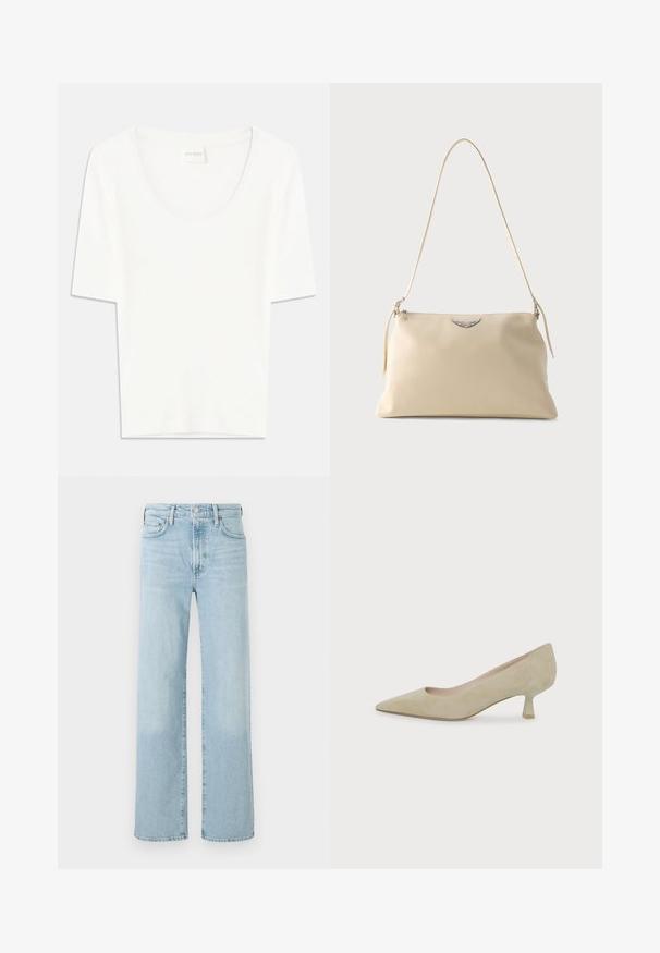 T-shirt blanc à manches courtes avec un col rond. Fabriqué en coton doux, il présente une coupe décontractée et un design minimaliste.; Jean en denim bleu clair à jambe droite, dotés d'une fermeture à bouton, de cinq poches et d'un léger délavage sur le tissu.; Escarpin en daim beige à bout pointu avec un talon bas et fin de hauteur moyenne sur fond blanc uni.; Sac à bandoulière en cuir couleur crème avec un emblème ailé argenté et une fine sangle sur un fond uni.