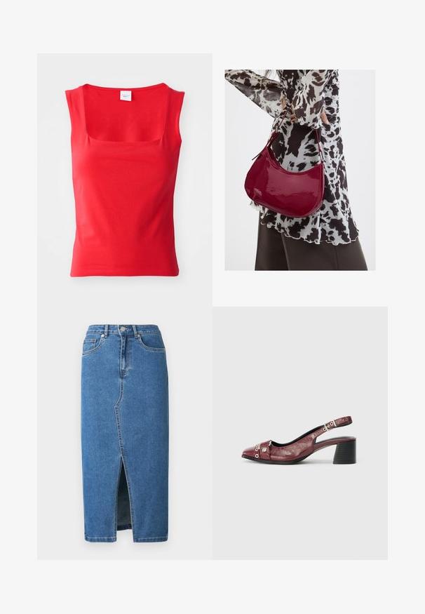 Top rojo de manga corta, hecho de una tela suave con un escote cuadrado y una silueta ajustada, que presenta líneas de dobladillo limpias y rectas.; Falda midi de mezclilla en azul. Cuenta con una abertura frontal, cintura alta y diseño de cinco bolsillos. Costuras clásicas y detalles en metal.; Zapato slingback de cuero burdeos con punta redonda, diseño curvado, acentos de metal plateado y tacón ancho. Acabado texturizado.; Mujer con blusa de estampado en blanco y negro sosteniendo un bolso de hombro rojo brillante sobre un fondo liso.