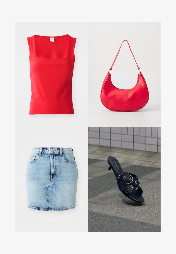 Top rojo de manga corta, hecho de una tela suave con un escote cuadrado y una silueta ajustada, que presenta líneas de dobladillo limpias y rectas.; Falda de mezclilla de color azul claro con una forma ajustada, cinco bolsillos, cierre de botón y cremallera, y detalles cosidos a lo largo del dobladillo.; Sandalia negra de tacón con tiras cruzadas que presentan ojales plateados y una hebilla redonda, situada sobre un pavimento texturizado junto a una pared con azulejos.; Bolso de hombro de piel sintética roja con forma curvada, correa delgada y cierre de cremallera. Textura suave con detalles de costura visibles.