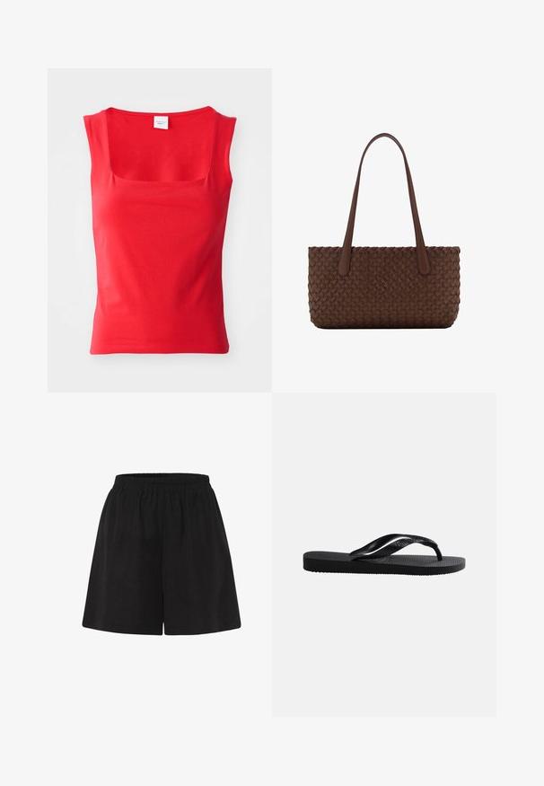 Top rojo de manga corta, hecho de una tela suave con un escote cuadrado y una silueta ajustada, que presenta líneas de dobladillo limpias y rectas.; Pantalones cortos de algodón negros con cinturilla elástica, con un ajuste holgado y un diseño de pierna recta. Textura suave, sin patrones o acentos adicionales.; Chancla negra de goma con plantilla texturizada y correa en forma de Y lisa sobre un fondo claro simple.; Bolso de mano de cuero marrón con un patrón de textura tejida, con dos asas largas y delgadas para llevar al hombro.