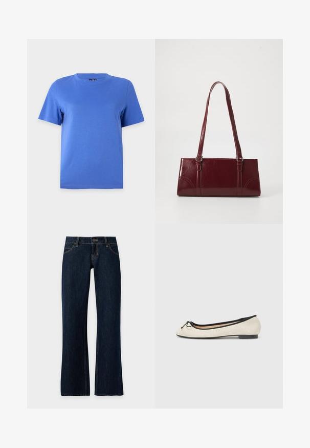 T-shirt bleu uni à manches courtes avec col rond présenté sur un fond gris clair uni.; Jean en denim bleu foncé avec une coupe droite, poches avant, passants de ceinture et fermeture par bouton sur un fond uni.; Ballerine en textile beige avec une bordure noire. Affiche un bout arrondi et un petit nœud en accent sur le devant. Semelle basse.; Sac à main bordeaux en matériau brillant, de forme rectangulaire, avec deux anses et des accents légèrement courbés à l'avant.