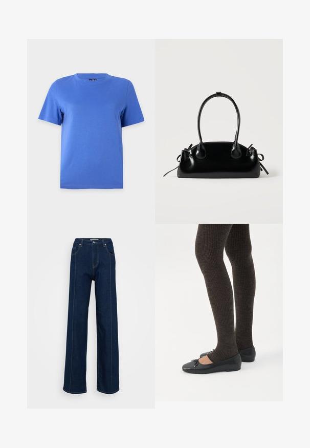 Camiseta de manga corta y cuello redondo de color azul sólido, mostrada sobre un fondo liso color gris claro.; Jeans de tiro alto y pierna ancha de color azul oscuro, con bolsillos frontales, passantes para cinturón y costuras de contraste sobre un fondo claro.; Piernas con leggings oscuros acanalados combinados con bailarinas negras que presentan pequeños detalles de lazo sobre un fondo blanco.; Pequeño bolso negro brillante con dos asas largas y detalles de cordón lateral sobre un fondo claro liso.