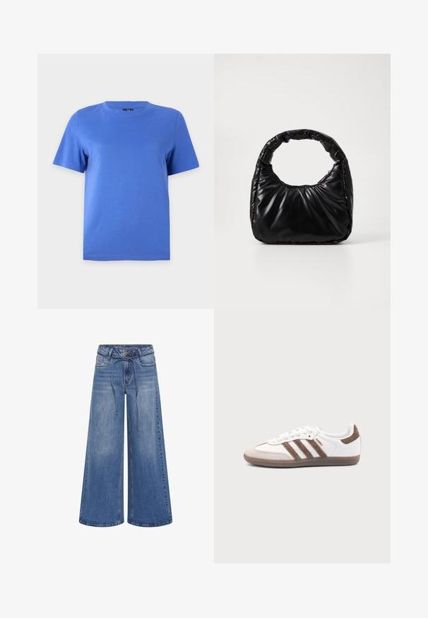 Einfarbig blaues T-Shirt mit kurzen Ärmeln und Rundhalsausschnitt auf einfachem hellgrauem Hintergrund dargestellt.; My Essential Wardrobe MWKARO 144 MID XWIDE - Wide Leg - medium blue wash; Weißer Adidas Samba Sneaker mit braunen Wildlederstreifen, brauner Gummisohle und beiger Wildlederkappe, von der Außenseite auf schlichtem Hintergrund gezeigt.; Schwarze gepolsterte Handtasche mit einem runden Griff, die eine glatte, glänzende Oberfläche und eine weiche, gestepfte Textur aufweist. Keine sichtbare Hardware oder Akzente.