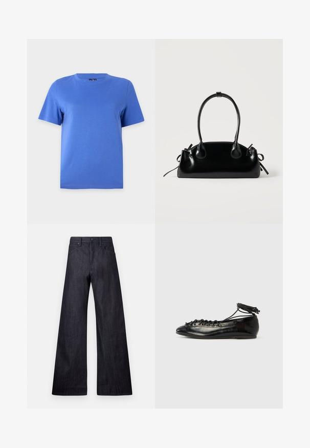 Camiseta de manga corta y cuello redondo de color azul sólido, mostrada sobre un fondo liso color gris claro.; Pantalones vaqueros de pierna ancha en denim oscuro con una textura suave, diseño tradicional de cinco bolsillos y un sutil brillo, con un cierre de botón.; Zapatos planos tipo ballet de charol negro con punta redondeada, diseño con cordones y suela plana. Textura lisa con detalles mínimos.; Pequeño bolso negro brillante con dos asas largas y detalles de cordón lateral sobre un fondo claro liso.