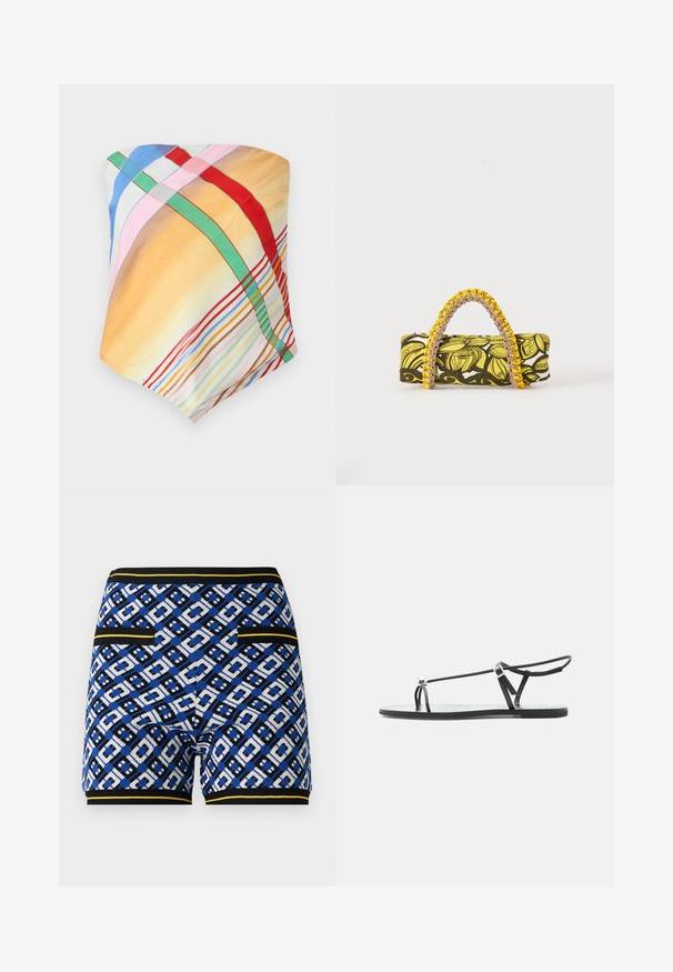 Bufanda multicolor con patrones de cuadros en amarillo, azul, rosa, rojo y verde. Está hecha de un tejido ligero y suave con una textura blanda.; Bermudas tejidas con un diseño geométrico en azul, negro y blanco, con acentos amarillos en contraste y bolsillos en los laterales.; Sandalia plana negra con tiras finas, una lazada para el dedo y una hebilla ajustable en el tobillo sobre un fondo gris claro.; Bolsa rectangular con patrón floral en amarillo y negro y asa trenzada amarilla y rosa sobre fondo blanco.