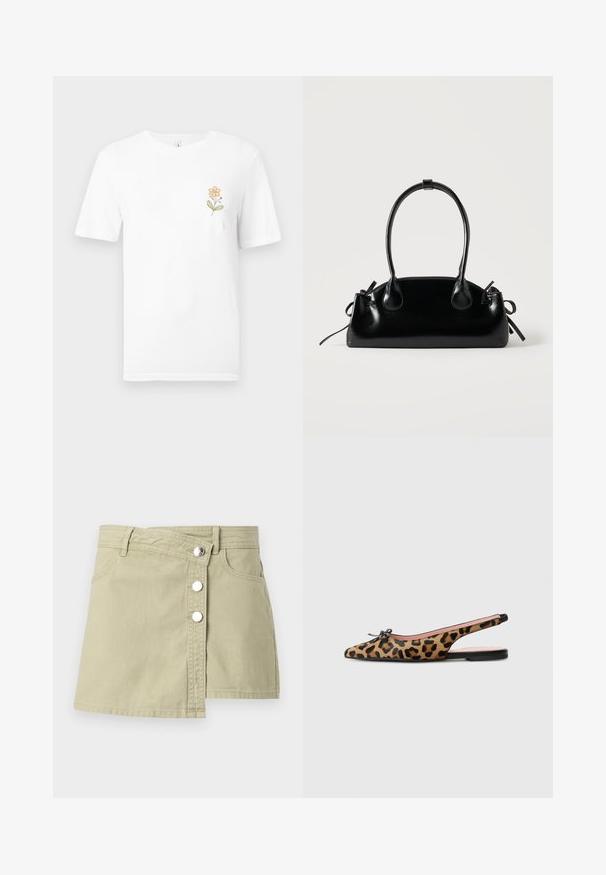T-shirt blanc à manches courtes avec une petite fleur orange et des feuilles vertes imprimées sur le côté gauche de la poitrine.; Jupe portefeuille en jean beige avec boutons-pression argentés à l'avant et passants pour ceinture, présentant un léger chevauchement sur le côté droit avant.; Pretty Ballerinas MURABI - Ballerines à brides arrière - brown; Petit sac à main noir brillant avec deux longues anses et des détails à cordon sur les côtés sur un fond clair uni.