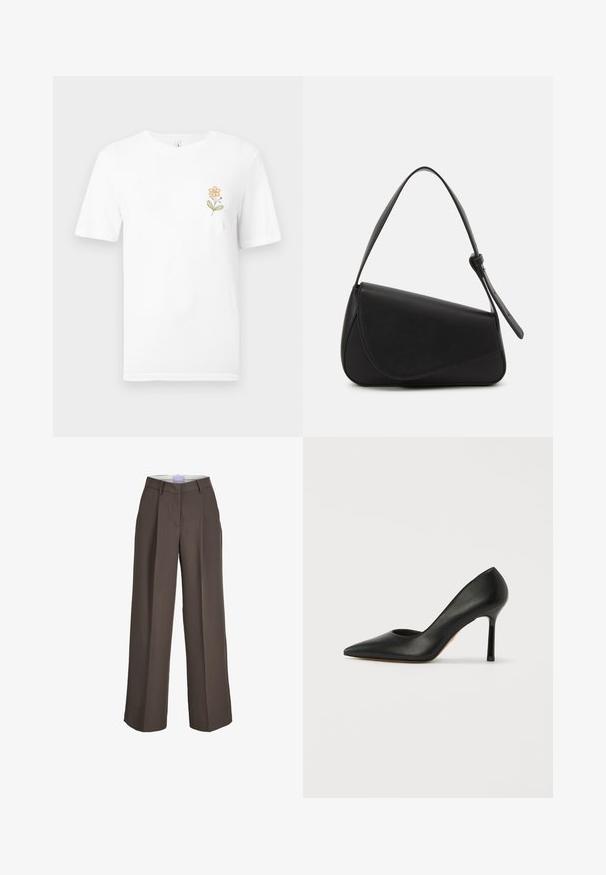 Hvid t-shirt med korte ærmer og et lille orange blomstermotiv med grønne blade trykt på venstre brystområde.; Brune vidde bukser med bæltestropper, frontlige folder og en skjult lukning foran.; Sorte læder højhælede pumpe med spids tå og en slank stiletto hæl. Overdelen har en glat overflade og ingen dekorationer.; Sort læderhåndtaske med en triangular form, skrå klap og et rundt håndtag. Har en glat overflade og minimalistiske design detaljer.