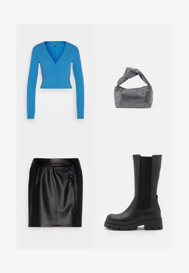 Pieces PCLINA CROPPED V NECK - Pikkade varrukatega topp - french blue; VILA VITALLA BUTTON SKIRT - Miniseelik - black/silver; ONLY SHOES ONLDOJA - Platvormsaapad - black; Must musta ja hõbedane käekott, millel on tekstureeritud pind, millel on teemanti muster, sõlmega käepide ja struktureeritud kuju.