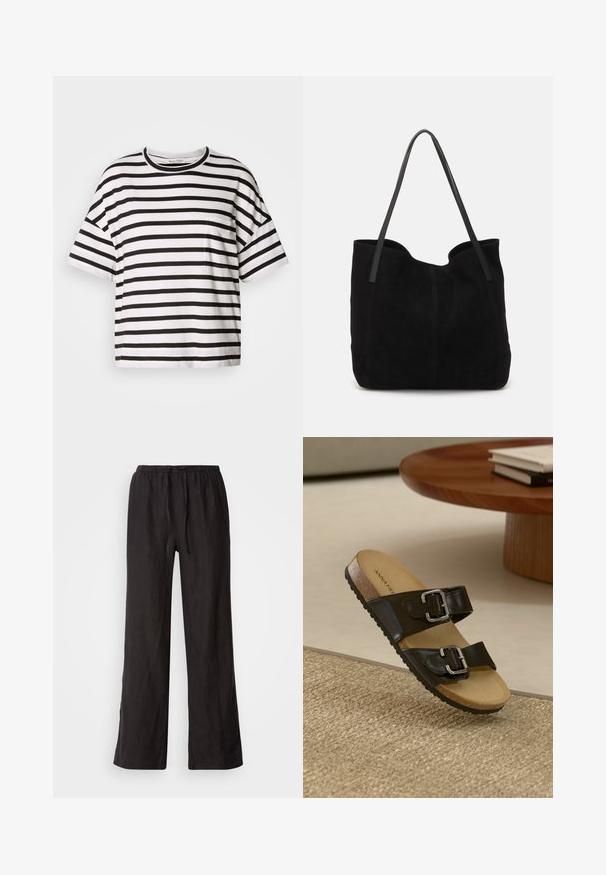 Camiseta de rayas blancas y negras, de mangas cortas, con cuello redondo, que presenta un pequeño bolsillo en el lado izquierdo, hecha de suave tela de algodón.; Pantalones negros, holgados, con cintura elástica y cordón ajustable. Están hechos de una tela ligera con una textura suave y pierna recta.; Sandalia negra de dos tiras con hebillas plateadas, plantilla de corcho y suela de goma. Acabado mate en las tiras, exhibida sobre una superficie texturizada y tejida.; Bolso de mano de ante negro con dos correas de cuero largas y planas. Presenta un borde superior curvado y costuras visibles en la parte frontal. Sin acentos de metal.