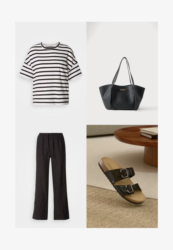 Camiseta de rayas blancas y negras, de mangas cortas, con cuello redondo, que presenta un pequeño bolsillo en el lado izquierdo, hecha de suave tela de algodón.; Pantalones negros, holgados, con cintura elástica y cordón ajustable. Están hechos de una tela ligera con una textura suave y pierna recta.; Sandalia negra de dos tiras con hebillas plateadas, plantilla de corcho y suela de goma. Acabado mate en las tiras, exhibida sobre una superficie texturizada y tejida.; Bolso tote de cuero negro con doble asa para el hombro y una pequeña placa de marca en tono dorado en el centro frontal.