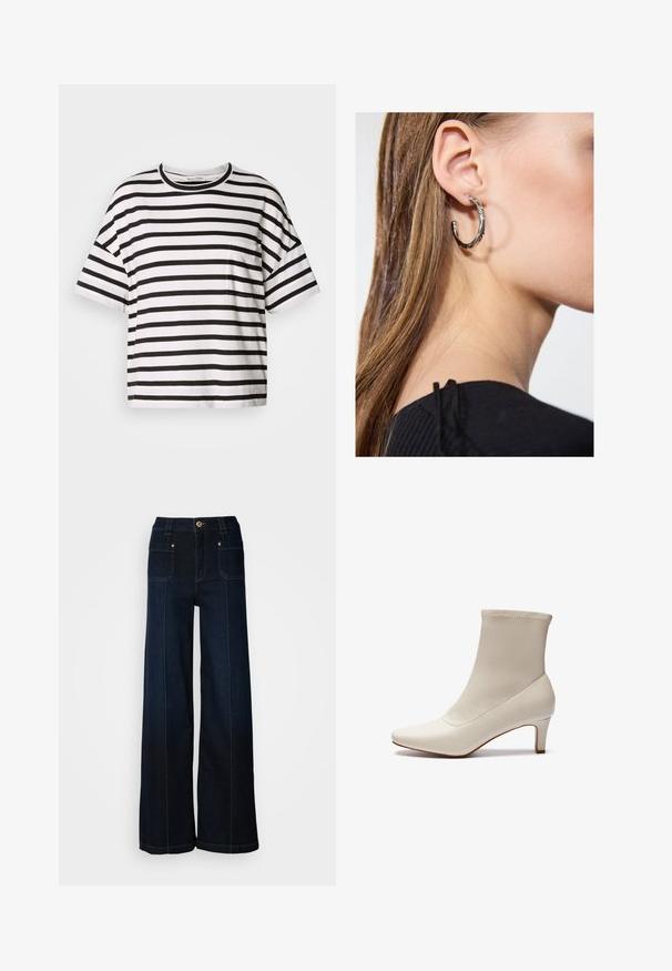 Gestreepte zwart-witte T-shirt, korte mouwen, ronde halslijn, met een kleine zak aan de linkerkant, gemaakt van zachte katoen.; Lossere denim jeans in donkerblauw. Bevat voorzakken, goudkleurige hardware en contrasterende stiksels. Glad textuur met een casual ontwerp.; Witte enkelboot gemaakt van glad leer met een spitse neus en een korte, taps toelopende hak. Beschikt over een minimalistisch ontwerp en een naadloos bovenwerk.; Zilveren oorbel met een gepolijste afwerking, met kleine gouden accentdetails en een ronde vorm, gedragen op de oorlel.