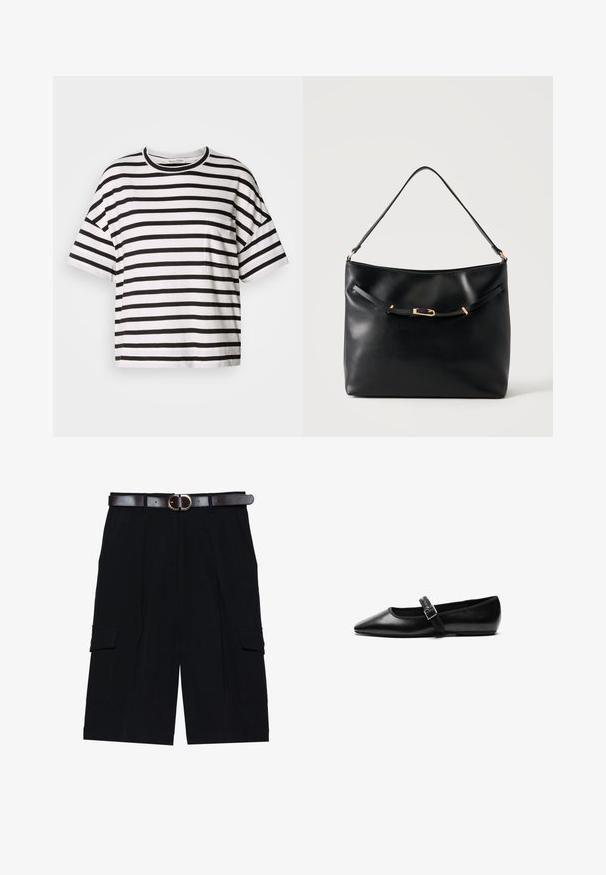 Gestreiftes T-Shirt in Schwarz und Weiß, kurze Ärmel, runder Ausschnitt, mit einer kleinen Tasche auf der linken Seite, aus weichem Baumwollstoff gefertigt.; Schwarze Cargo-Shorts aus leichtem Stoff, mit geradem Schnitt, Seitentaschen und einem braunen Ledergürtel mit einer silbernen Schnalle.; Schwarze flache Schuhe aus Leder mit spitzem Fuß, verstellbarem Riemen mit einer Metallschnalle, glatter Textur und minimalistischem Design.; Schwarze Leder-Schultertasche mit einem einzelnen Riemen und einer kleinen goldenen Schnalle vorne vor einem schlichten hellen Hintergrund.