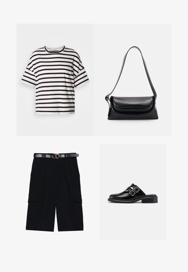 Stribet sort og hvid T-shirt, korte ærmer, rund Halsudskæring, med en lille lomme på venstre side, lavet af blødt bomuldsstof.; Sorte cargo shorts lavet af letvægtsstof, med lige snit, sidelommer og et brunt læderbælte med en sølvspænde.; Sort læder slip-on sko med to sølvspænder, åbne sider, rund tå og lav stablet hæl, vist i profil på hvid baggrund.; Sort læderhåndvask med en struktureret form, en glat overflade og en enkelt skulderrem. Har et subtilt, rundet klapdesign.