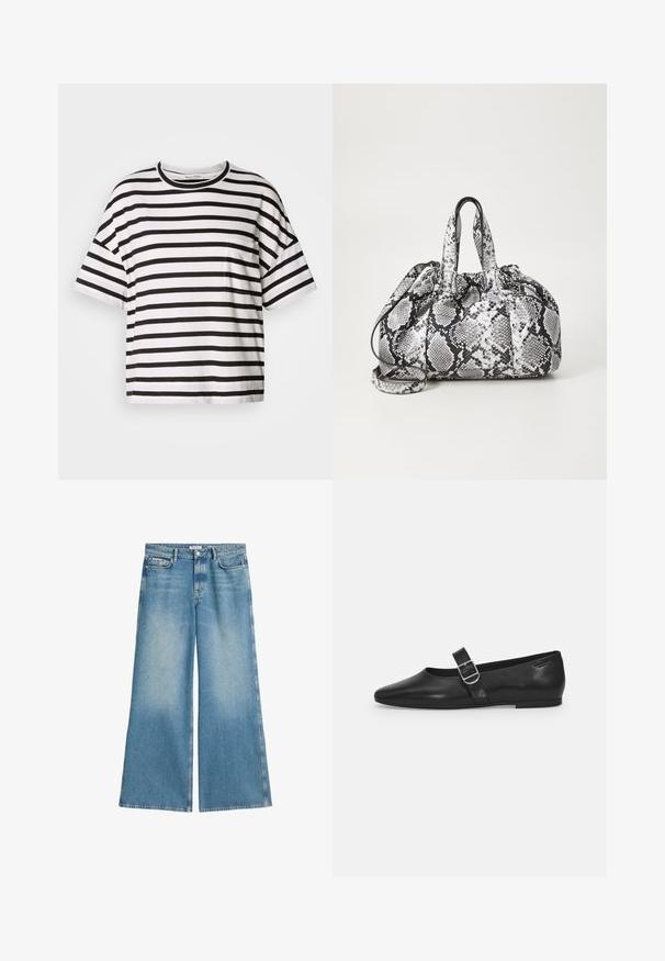 Camiseta de rayas blancas y negras, de mangas cortas, con cuello redondo, que presenta un pequeño bolsillo en el lado izquierdo, hecha de suave tela de algodón.; Jeans de pierna ancha en denim azul claro, con un lavado desgastado, dos bolsillos delanteros y un cierre de botón estándar.; Zapato plano de cuero negro con punta redondeada, una sola correa ajustable con hebilla y una textura suave y brillante. Diseño minimalista con un tacón bajo.; Bolso de mano con patrón de piel de serpiente en blanco y negro, con dos asas, un cierre de cordón y una correa para el hombro desmontable. Textura suave.