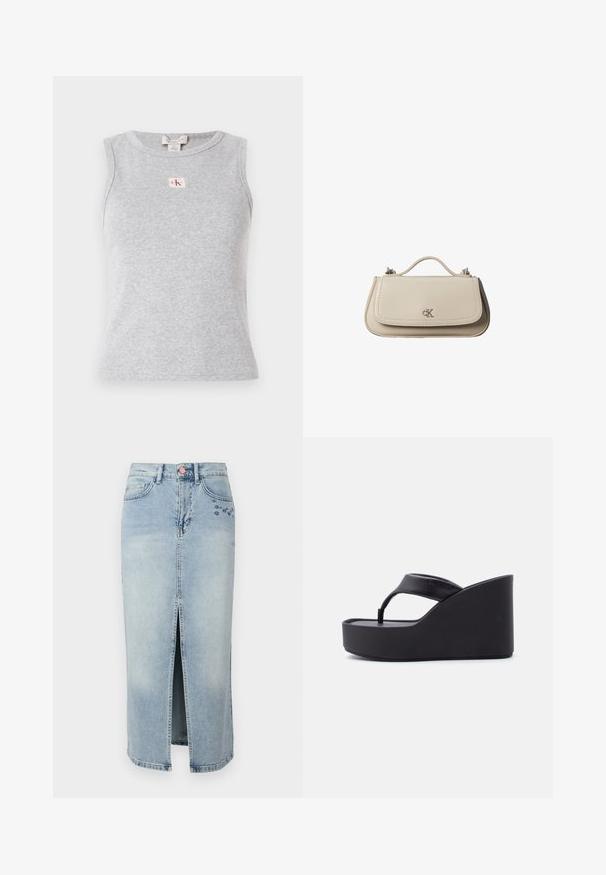 Hallituspruun ilma varrukateta topp, mis on valmistatud ribakudumist, ümmarguse kaeluse ja väikese CK logo sildiga ees. Lihtne ja kehaümberkujundav disain.; Fabienne Chapot CARLYNE SKIRT - Teksaseelik - light blue tinted; Must platvorm-taasking laia rihmaga ja tõstetud tallaga, mõeldud vabaaja kandmiseks.; Väike beež nahast käekott ülemise sangaga ja hõbedase CK logoga esiklapil, valgel taustal.
