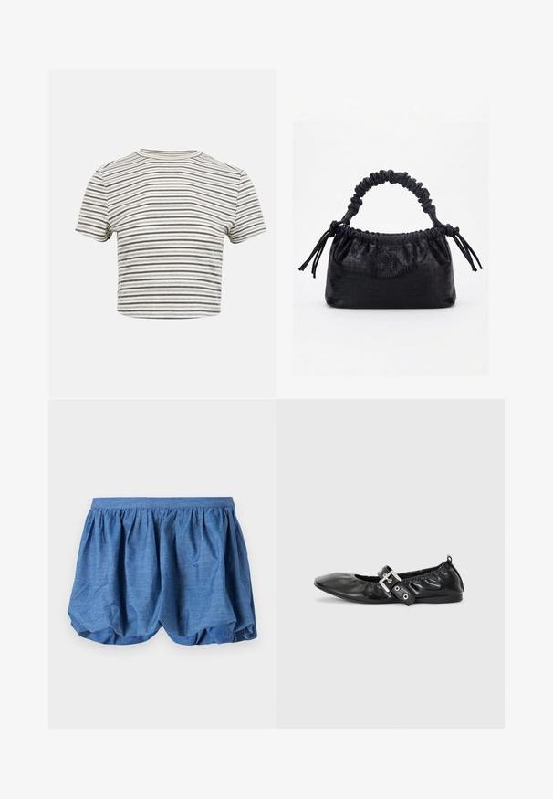 Kortærmet crop-top T-shirt med smalle sorte og hvide vandrette striber og rund halsudskæring på ensfarvet baggrund.; Blå, letvægts shorts med en samlet elastisk talje og et blødt, tekstureret design. Har en blød stoffinish med en afslappet pasform.; Sorte læder flade sko med spids tå, samling detaljer omkring åbningen, og en sølv spænde accent på den justerbare rem.; Sort taske med krokodilletekstur, rynket øverste kant, samlet hank og snore med kvaster på hver side mod en hvid baggrund.