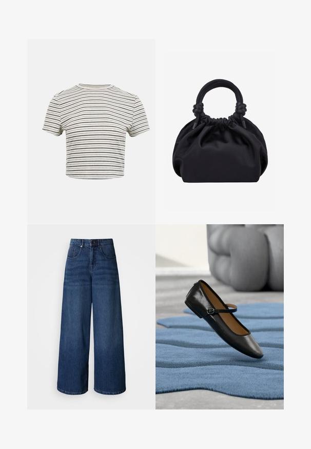 Kortærmet crop-top T-shirt med smalle sorte og hvide vandrette striber og rund halsudskæring på ensfarvet baggrund.; Vidbenede mørkeblå cowboybukser med høj talje, forsynet med forlommer og knaplukning, fremstillet af blødt, tekstureret stof.; Sort læder Mary Jane-sko med spænde, vist på et struktureret blåt tæppe, med en sløret grå tuftet sofa i baggrunden.; Sort blød stofhåndtaske med samlet top og cirkulære polstrede håndtag bundet med knuder på hver side.