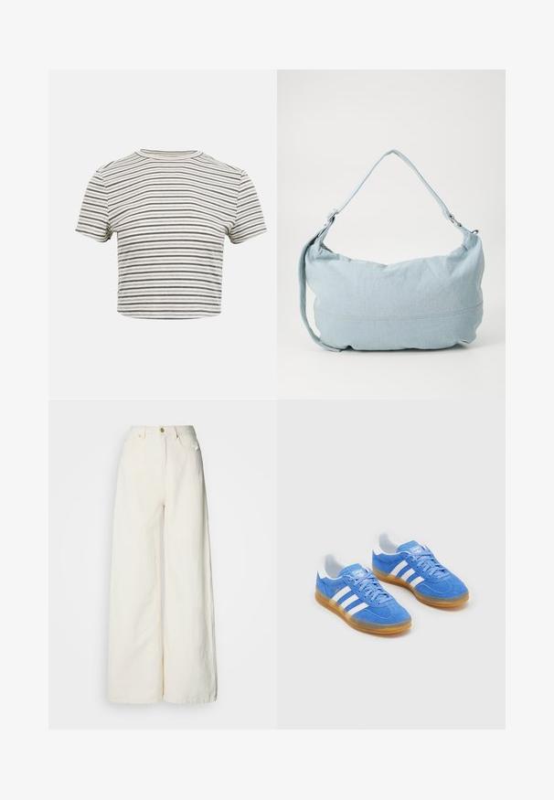 Korte mouwen cropped T-shirt met smalle zwart-witte horizontale strepen en een ronde hals op een effen achtergrond.; Wijde broek gemaakt van lichtgewicht stof in off-white. Heeft een hoge taille, zakken aan de voorkant en een knoopsluiting.; Blauwe suède sportschoenen met witte gestreepte accenten, rubberen zool en een gevoerde kraag voor comfort. Beschikt over een klassiek vetersluiting ontwerp.; Lichtblauwe denim schoudertas met een ronde vorm, verstelbare schouderband en subtiele stiksels langs de onderrand. Zachte textuur.