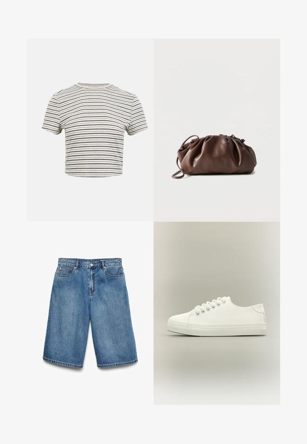 T-shirt court à manches courtes à fines rayures horizontales noires et blanches avec un col rond sur un fond uni.; Short en denim bleu de longueur moyenne avec bouton à l'avant, fermeture éclair, passants pour ceinture et design à cinq poches, étalé à plat sur fond blanc.; Baskets basses blanches avec lacets blancs et semelle en caoutchouc, vues de côté sur un fond neutre.; Sacoche en cuir marron doux avec un haut froncé et une fine bandoulière, posée sur un fond blanc.