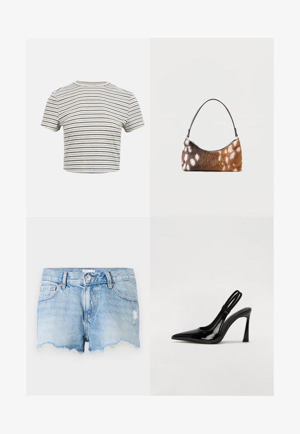 Kortærmet crop-top T-shirt med smalle sorte og hvide vandrette striber og rund halsudskæring på ensfarvet baggrund.; Lysblå denimshorts med en flosset kant, fem-lomme design og en subtil slidtage detalje foran. Metalknaplukning.; Sorte patenterede lædersædler med spidse tæer, slank høj hæl og dobbelt elastisk rem for sikker pasform. Glat, skinnende overflade.; Skuldertaske med brun og hvid pletmønstret imiteret pels og en tynd sort rem, vist på en hvid baggrund.