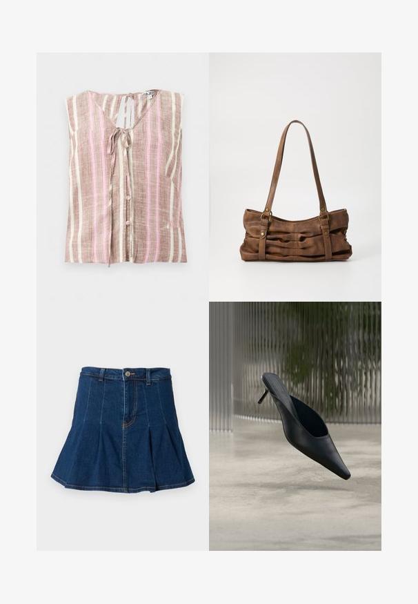 Mouwloze beige, roze en witte blouse met verticale strepen, met knopen aan de voorkant en een striksluiting bij de V-hals.; Donkerblauwe denim rok met een geplooid ontwerp, vijf zakken, een sluiting met een knoop aan de voorkant en contrasterende stiksels.; Zwarte mule met puntige neus en dunne hoge hak, die boven een gladde betonnen vloer zweeft, met een wazige verticale gestreepte achtergrond.; Even&Odd Handtas - brown